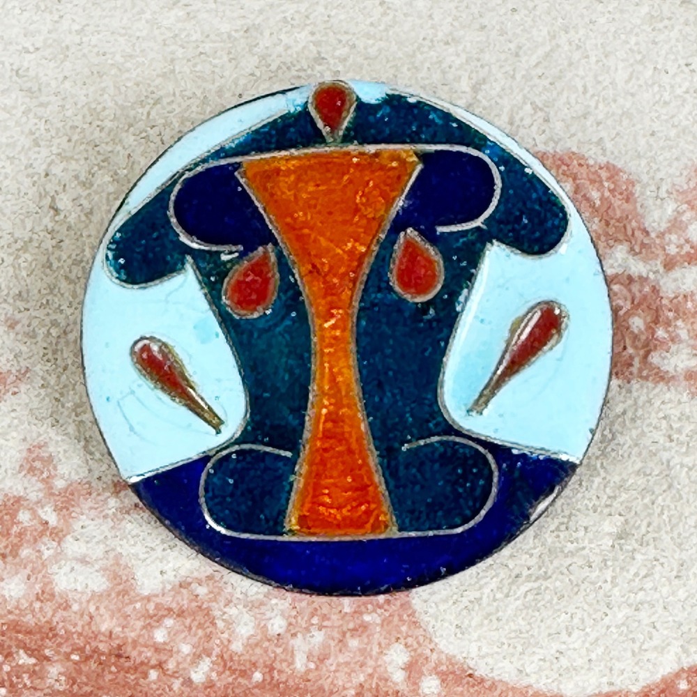 Vintage Mid-Century Modern Cloisonne Enamel Abstract Cow Face Brooch Unsigned